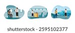 Stewardess serving drinks for man working on laptop. Stewardess Push Trolley with Drinks Holding. Beautiful female flight attendants help passenger in airplane. Set flat vector modern illustration  