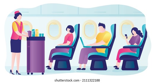 Stewardess serving economy class passengers. Aircraft cabin interior. People flying abroad on airplane. Flight attendant offering drinks and food. Concept of travel and aircrew. Vector illustration