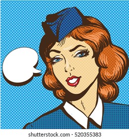 Stewardess with speech bubble. Pop art retro comic vector illustration with beautiful woman. 