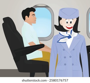 Stewardess standing in front of passenger in airplane. vector