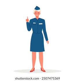 Stewardess standing, pointing finger up. Female young happy flight attendant in professional blue uniform and hat, front portrait of beautiful smiling lady air hostess cartoon vector illustration