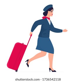 Stewardess with a suitcase hurries for the flight. Opening of cordons after quarantine.
