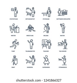 stewardess, Superhero, Surgeon, Swat, Taxi driver, Statistician, Writer, Thief, Welder outline vector icons from 16 set