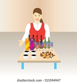 Stewardess with a table and drinks. Illustration, elements for design.