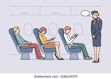 Stewardess Talking With Passengers On Plane. Aircraft Staff Serving People Onboard Of Aircraft. Aviation Service. Vector Illustration. 