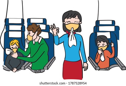 
stewardess teaching how to use self-care mask