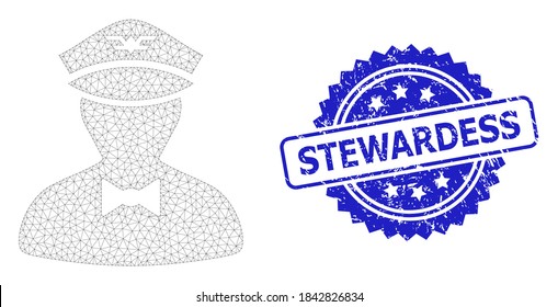 Stewardess textured stamp seal and vector flying attendant mesh model. Blue stamp includes Stewardess tag inside rosette. Abstract flat mesh flying attendant, built from flat mesh.