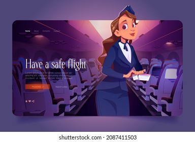 Stewardess with ticket in airplane cartoon landing page. Air hostess, Young woman in uniform, aircrew company plane flight attendant wish safe flight to passengers in plane aisle, Vector web banner