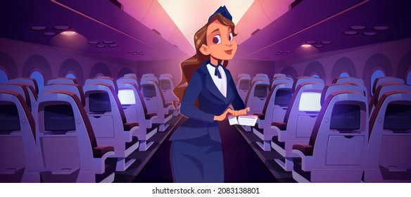 Stewardess mit Ticket in der Flugzeugkabine. Flugbegleiterin Check-in Pass. Vektorcartoon-Illustration des Flugzeuginneres mit leeren Stühlen und Mädchen in professioneller Uniform mit Flugcoupon