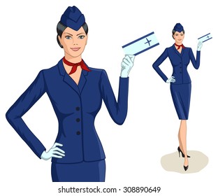 Stewardess with ticket. Vector illustration