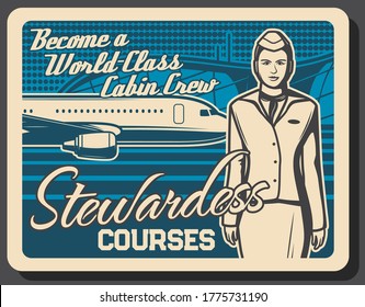 Stewardess Training Courses, Flight Attendant And Air Hostess, Airplane Cabin Crew Education, Vector Retro Poster. Airline Stewardess Professional Training And Aviation Crew Staff Service Academy