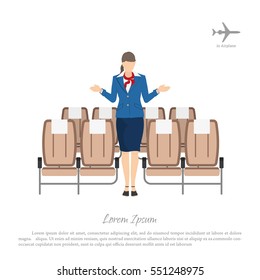 Stewardess transplants passengers on the seats in the airplane. Woman in uniform. Vector illustration
