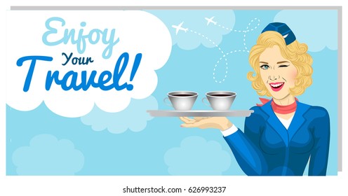 Stewardess with a tray with cups winks, on a background of clouds and airplanes. Leaflets, card, postcards.