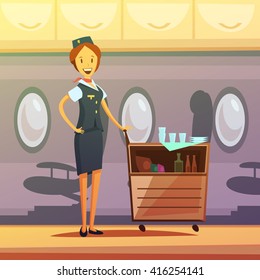 Stewardess and tray with food and drinks in the plane cartoon background vector illustration 