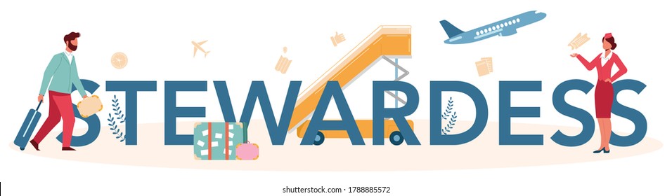 Stewardess typographic header. Beautiful female flight attendants help passenger in airplane. Travel by aircraft. Idea of professional occupation and tourism. Isolated flat vector illustration