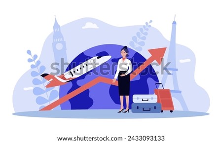 Stewardess in uniform near suitcases vector illustration. Airplane, globe, landmarks and arrow up on background. Growth of tourism, opening new tourist destinations concept