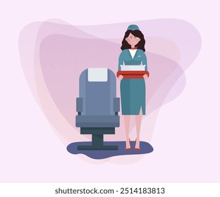 Stewardess in uniform with pillow and plaid for passenger flat vector illustration. Airliner staff, occupation, travel concept for banner, website design or landing page