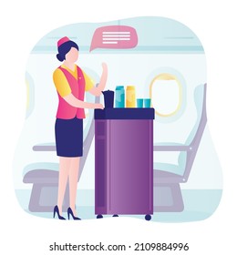 Stewardess In Uniform Serving Passengers. Flight Attendant With Food And Drink Trolley. Pretty Air Hostess On Board Plane. Aircraft Cabin Interior. Flight Staff Concept. Flat Vector Illustration