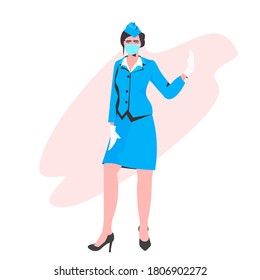 stewardess in uniform wearing face mask to prevent coronavirus pandemic covid-19 quarantine concept full length vector illustration
