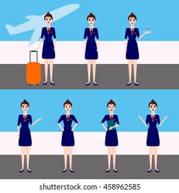 Stewardess vector character illustration, in cartoon style, air hostess in different poses with various facial expressions, suitcase