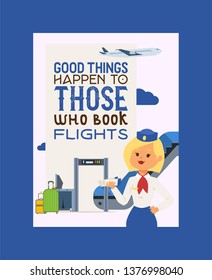 Stewardess vector flight crew steward pilot and people traveling flying on airplane airliner in airport illustration woman character stewardess backdrop banner design background.