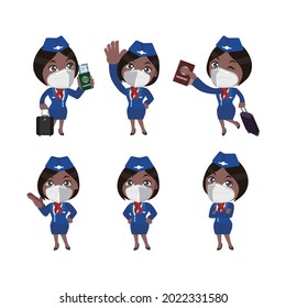 Stewardess wearing face mask protect coronavirus covid19 in different poses
