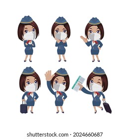 Stewardess wearing face mask protect coronavirus covid19 in different poses
