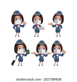 Stewardess wearing face mask protect coronavirus covid19 in different poses

