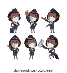 Stewardess wearing face mask protect coronavirus covid19 in different poses
