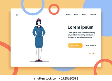 Stewardess wearing uniform. Female airlines employee flat vector illustration. Job, occupation, travel concept for banner, website design or landing web page