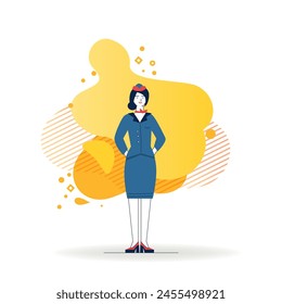 Stewardess wearing uniform. Female airlines employee flat vector illustration. Job, occupation, travel concept for banner, website design or landing web page