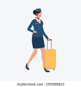 Stewardess wearing uniform and holding suitcase. Air transport service, occupation, profession concept. Vector illustration can be used for presentation slide, poster, new projects