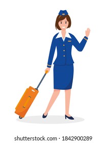 Stewardess wearing uniform with orange suitcase. Vector character illustration isolated on white background.
