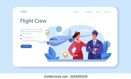 Stewardess web banner or landing page. Flight attendants help passenger in airplane. Travel by aircraft. Idea of professional occupation and tourism. Isolated flat vector illustration