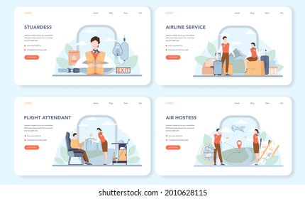 Stewardess web banner or landing page set. Flight attendants help passenger in airplane. Travel by aircraft. Idea of professional occupation and tourism. Isolated flat vector illustration