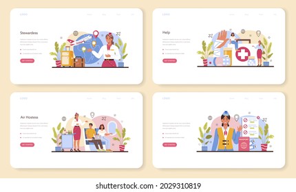 Stewardess web banner or landing page set. Flight attendants help passenger in airplane. Travel by aircraft. Idea of professional occupation and tourism. Isolated flat vector illustration