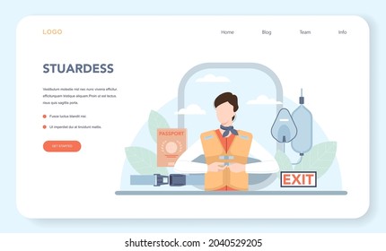 Stewardess web banner or landing page. Flight attendants help passenger in airplane. Travel by aircraft. Idea of professional occupation and tourism. Isolated flat vector illustration