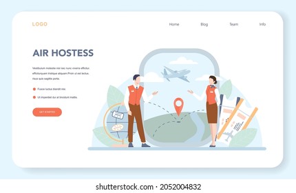 Stewardess web banner or landing page. Flight attendants help passenger in airplane. Travel by aircraft. Idea of professional occupation and tourism. Isolated flat vector illustration