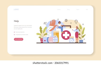 Stewardess web banner or landing page. Flight attendants help passenger in airplane. Travel by aircraft. Idea of professional occupation and tourism. Isolated flat vector illustration