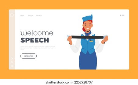 Stewardess Welcome Speech Landing Page Template. Flight Attendant Ask Passengers to Fasten the Belt. Air Hostess Girl Wear Uniform and Cap, Airline Staff Female Character. Cartoon Vector Illustration