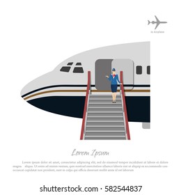 Stewardess welcomes passengers at the aircraft ladder. Flight attendant near the airplane door. Vector illustration