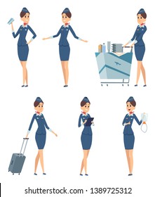 Stewardess. Woman hostess professional blue uniform of boarding airplane girl vector cartoon characters