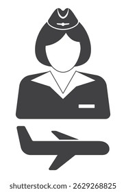stewardess woman person in uniform hat with fly plane icon