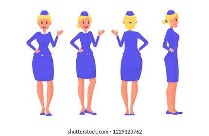 Stewardess woman suit cartoon character set. Airport worker in different poses. For presentation, animation and website. Front, 3/4, profile, back view. Flat vector illustration isolated on white