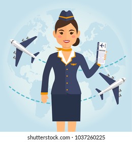 Stewardess woman in uniform with flight tickets on blue airplane background. Vector illustration