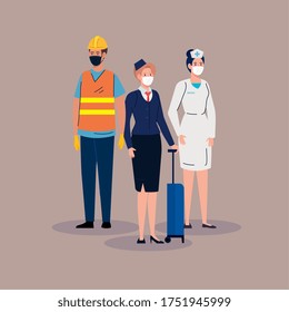 stewardess with workers group in covid 19, workers wearing medical mask against coronavirus vector illustration design