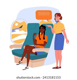 Stewardess works in plane. Woman with passengerse at flight. Young girl in uniform in arplane. International travel and flights. Holiday and vacation, tourism. Cartoon flat vector illustration