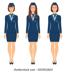 Stewardesses in blue uniform, set. Stewardess standing in full growth. Vector illustration, isolated, flat style