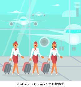 Stewardesses characters with suitcase. Beautiful flight attendants, air hostess go to the airplane by the airfield. Vector illustration eps 10