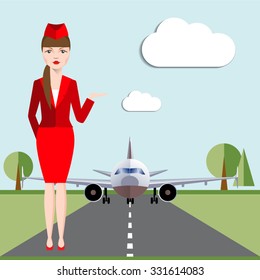 Stewardesses Dressed In red Uniform. Standing on the tarmac near the aircraft. Vector illustration